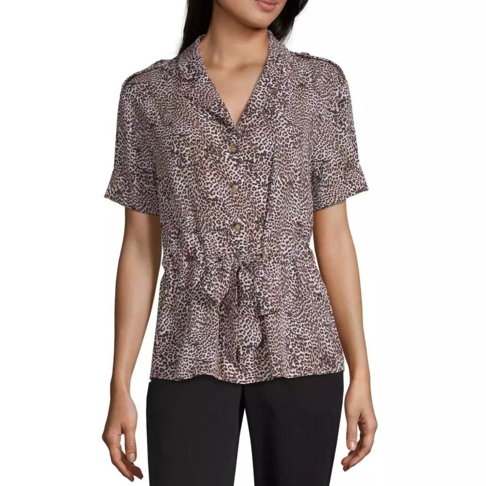 Worthington Womens XL Leopard Print Tie Waist Blouse Short Sleeve Career Top